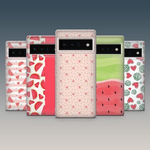 May include: Five different phone cases featuring watermelon designs. The cases are all pink and white with various watermelon patterns, including stripes, slices, and seeds.