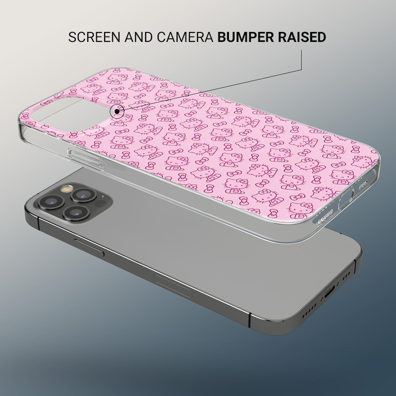 May include: A clear phone case with a pink Hello Kitty pattern is shown on top of a silver phone. The case has a raised screen and camera bumper. The Hello Kitty design is repeated across the case.