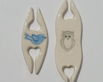 Ceramic Tatting Shuttles, Set of Two, Handmade, Hand Painted Owl and Blue Bird