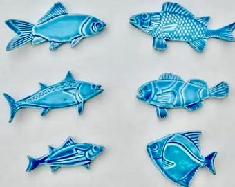Set of Six Large Ceramic knife Rests/Chopstick Rests, Spoon/Brush Rests, Fish Variety, Blue Fish, Handmade