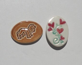 Set of Two Ceramic Refrigerator Magnets, Handmade, Hand Painted Cocker Spaniel and Bouquet of Red Hearts