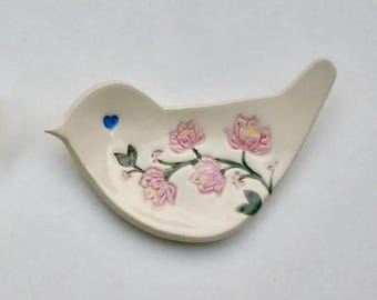 Ceramic Bird Plates, Jewelry/ Teabag Dish, Handmade and Hand Painted, Pink Flower