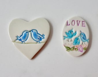 Set of Two Ceramic Refrigerator Magnets, Handmade, Hand Painted, Blue Love Birds