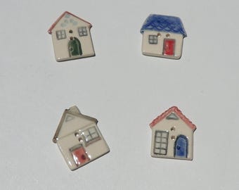 Set of Four Ceramic Buttons,House buttons,Handmade and Hand Painted, Not Decals