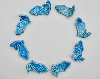 Eight Ceramic Chopstick Rests, Hand Built  Blue Koi, Food Safe Glaze