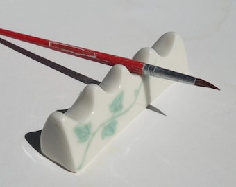 Ceramic Artist Brush Holder/Pen Rest, Vine Hand Built and Hand Painted