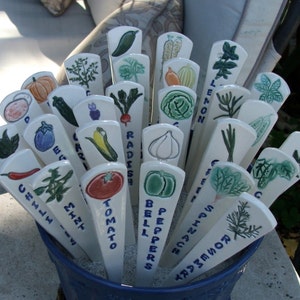 Your Choice of 2 to 30 Ceramic Plant Markers,  Handmade and Hand painted  Vegetables and Herbs, Free Shipping