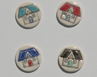 Set of Four Ceramic Buttons,House buttons,Handmade and Hand Painted, Not Decals