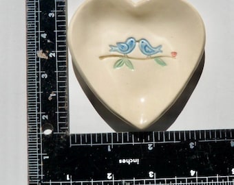 Ceramic Heart Jewelry/Teabag Dish,  Hand Built Hand Painted, Blue Love Bird