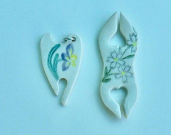 Set of Two, Porcelain Tatting Shuttles, Handmade and Hand Painted