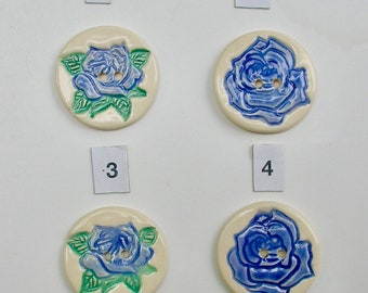 Select any Two, Your Choice of Buttons, Large Ceramic Art Buttons, Handmade and Hand Painted Blue Rose, Not Decals, One of a Kind