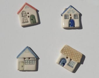 Ceramic Buttons, Set of Four House Buttons, Handmade and Hand Painted, Not Decals