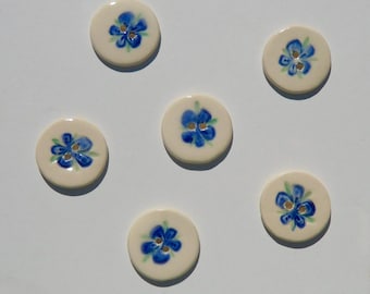 Ceramic Buttons, Set of Six Handmade and Hand painted Blue Blossom