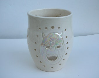 Ceramic Candle Holder/ Luminary Wheel Thrown, Hand Carved Oni (Japanese folklore)