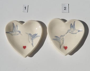 Hand-Built Ceramic Heart Plate, Hand-Painted Hummingbird Design, Jewelry Dish