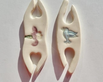 Ceramic Tatting Shuttles, Set of Two, Handmade, Hand Painted Iris and Blue Bird