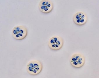 Six ceramic Buttons, Handmade and Hand painted Blue Blossom