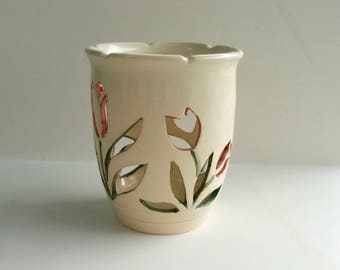 Ceramic Candle Holder/ Luminary Wheel Thrown, Hand Carved Tulips