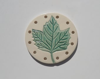 Ceramic centers for pine needle baskets, Hand Built and Hand Painted Leaf Design