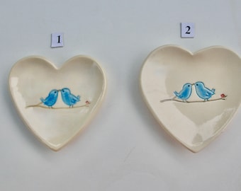 Ceramic Ring Dish/Teabag Dish, Mamezara, Your Choice of Heart Plates, Handmade, bridesmaid gift, Blue Love Birds, Free Shipping