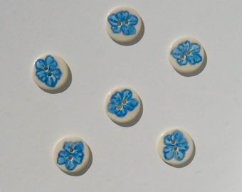 Six Ceramic Buttons, Blue Blossom, Handmade and Hand Painted
