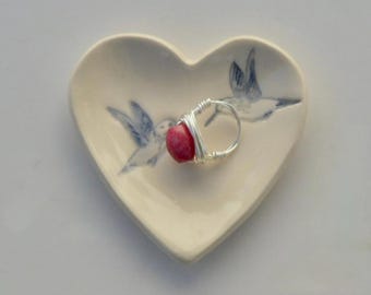 Ceramic Heart Jewelry/Teabag Dish,  Hand Built Hand Painted, Hummingbirds