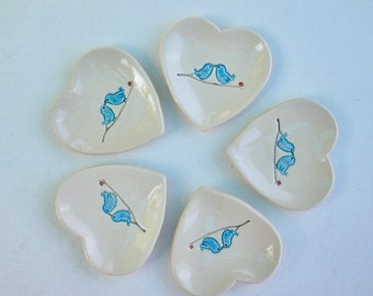 Your Choice Ceramic Set of Five Ring Dish/Jewelry Dish, Wedding favors, Bridal shower favor, Handmade and Handpainted Blue Love Birds