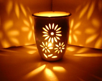 Ceramic Candle Holder/Luminary, Wheel Thrown, Hand Carved Daisy, OOAK
