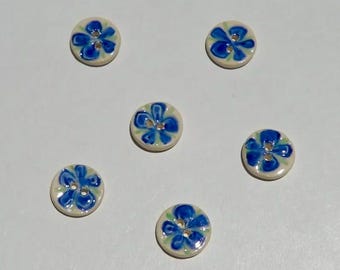 Set of Six Mini ceramic Buttons, Handmade and Hand painted Blue Blossom
