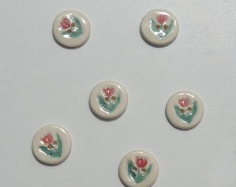 Six ceramic Buttons, Handmade and Hand Painted Tulip