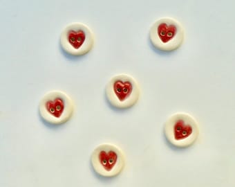 Ceramic Buttons, Six Heart Buttons, Handmade and Hand Painted