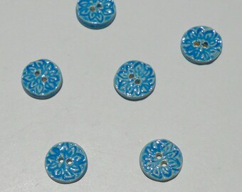 Six Mini ceramic Buttons, Handmade and Hand Painted Blue Flower
