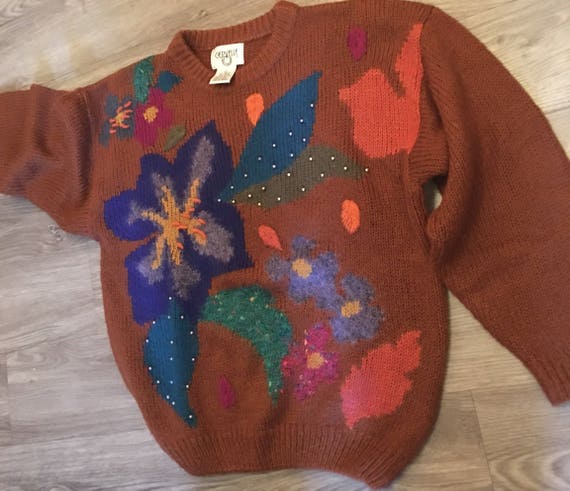 Vintage Sweater Embroidered Floral Bling Mohair Brown Etsy