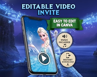 May include: A smartphone displays a video invite featuring a cartoon character in a blue dress. The text "EDITABLE VIDEO INVITE" is at the top, with "EASY TO EDIT IN CANVA" on a green banner. Icons indicate music included and instant download.