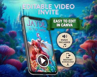 May include: A smartphone displays a video invitation with the text "JAYDE IS TUR NING 5". The invitation features an illustration of a mermaid. The background is an underwater scene with the text "EDITABLE VIDEO INVITE" and "EASY TO EDIT IN CANVA".