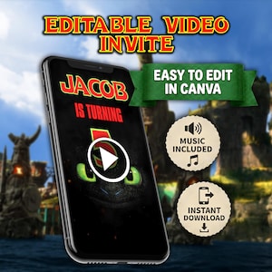 Op de afbeelding: Een smartphone toont een video-uitnodiging voor een verjaardag met de tekst "JACOB IS TURNING". De uitnodiging bevat een draakafbeelding en bevat opties voor muziek en direct downloaden. De woorden "EDITABLE VIDEO INVITE" en "EASY TO EDIT IN CANVA" zijn ook zichtbaar.