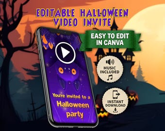 May include: A smartphone displaying an editable Halloween video invitation with a purple bat graphic and the text You're invited to a Halloween party. The screen features a play button icon, while labels indicate the file is easy to edit in Canva.