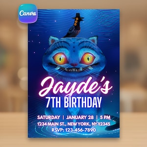 Pode incluir: Um convite de aniversário azul com uma ilustração de gato de desenho animado. O convite diz "Jayde's 7th Birthday" em uma fonte brilhante. A data, hora, endereço e número de telefone RSVP também estão incluídos.