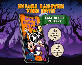 May include: A smartphone displaying an editable Halloween video invitation featuring cartoon characters in costumes, with text reading EDITABLE HALLOWEEN VIDEO INVITE, EASY TO EDIT IN CANVA, MUSIC INCLUDED, and INSTANT DOWNLOAD on a purple background.