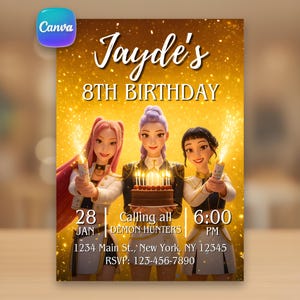 Op de afbeelding: Een verjaardagsuitnodiging met drie geanimeerde figuren, sterretjes en een taart. De tekst luidt "Jayde's 8e verjaardag" met evenementdetails: 28 januari, 18:00 uur en RSVP-informatie. De achtergrond is een gouden gradiënt.