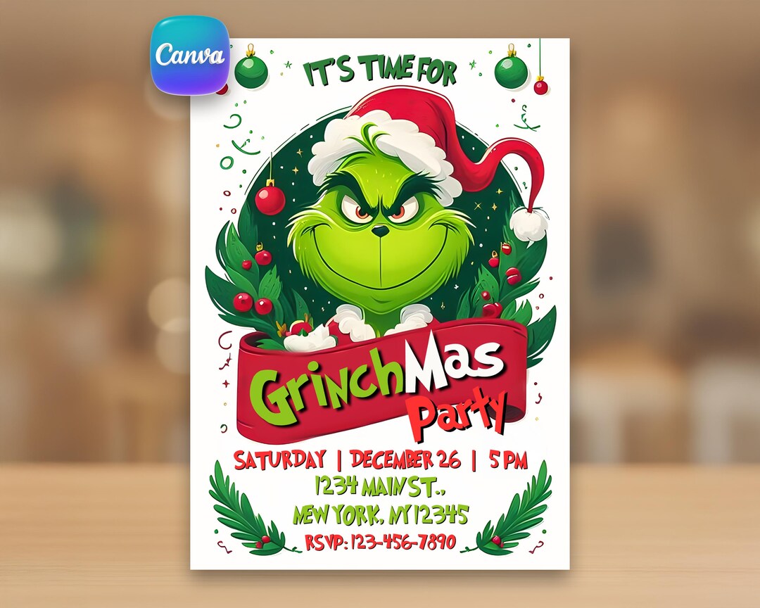 Grinch Christmas Invitation | Editable Canva Template: Printable and ...
