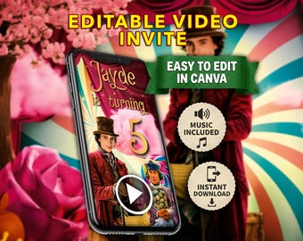 May include: A smartphone displays a birthday video invite with the text "Jayde is turning 5." The design features a character in a red coat and top hat. The invite includes the text "Editable Video Invite," "Easy to Edit in Canva," and "Music Included."