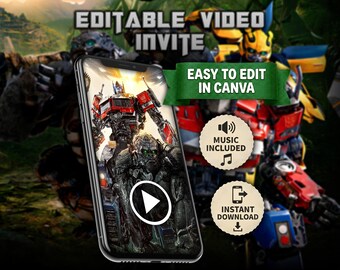 May include: A smartphone displays a Transformers-themed video invite with a play button. The background features Transformers characters. Text includes "EDITABLE VIDEO INVITE" and "EASY TO EDIT IN CANVA." Additional icons indicate music included and instant download.