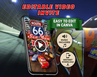 Cars Lightning McQueen animated video invitation | Editable Canva Template