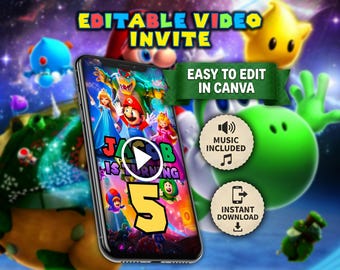 Super Mario Galaxy animated video invitation | Editable Canva Template