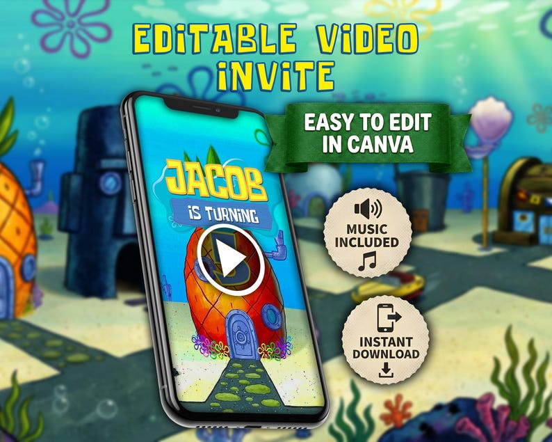 Sponge animated video invitation | Editable Canva Template
