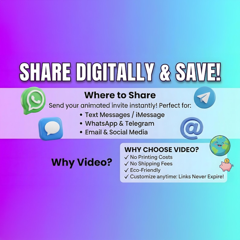May include: A digital advertisement with a gradient purple and blue background. The text "SHARE DIGITALLY & SAVE!" is at the top. Icons for WhatsApp, Telegram, and email are included. The text highlights the benefits of digital invitations.