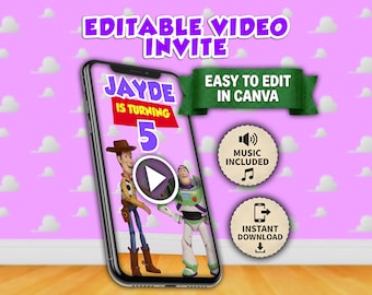 May include: A smartphone displaying an editable video invitation featuring the text JAYDE IS TURNING 5 and images of two animated characters. The screen includes a play button, while text overlays state EASY TO EDIT IN CANVA, MUSIC INCLUDED, and INSTANT DOWNLOAD.