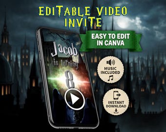 May include: A smartphone displays a video invitation with the text "Jacob is turning 8." The background features a castle silhouette under a night sky. Additional text reads "Editable Video Invite" and "Easy to edit in Canva."