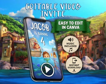 May include: A smartphone displays a birthday video invitation with the text "Jacob is turning 4." The invitation features animated characters in a coastal setting. Additional text includes "Editable Video Invite," "Easy to Edit in Canva," and "Music Included."